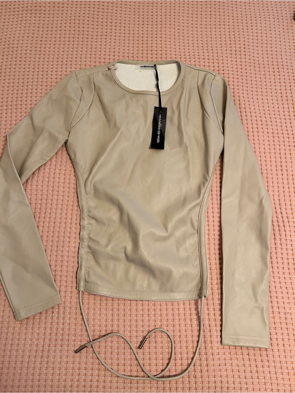 NWT Maniere De Voir Beige Faux Leather Long Sleeve Backless Crewneck Top